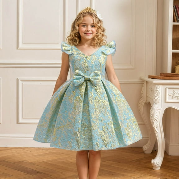Little Girl Dresses Kids Toddler Oil Jacquard Fancy Flutter Sleeve Princess Dress Flower Girl Evening Gowns Dresses for Girls Blue 2 Years-3 Years
