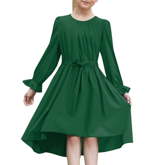 Little Girl Dresses Long Sleeve A-Line Tiered Swing Cotton Dark Green Dress For Girls Birthday Dress Party Dress