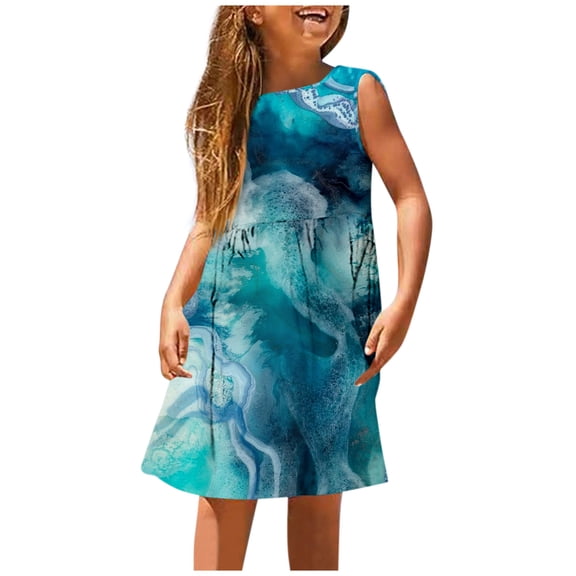 Little Girl Dresses Round Neck Fashion Printed Casual Sleeveless Cute Spring and Summer Teen Girl Dresses Blue 11-12 Years