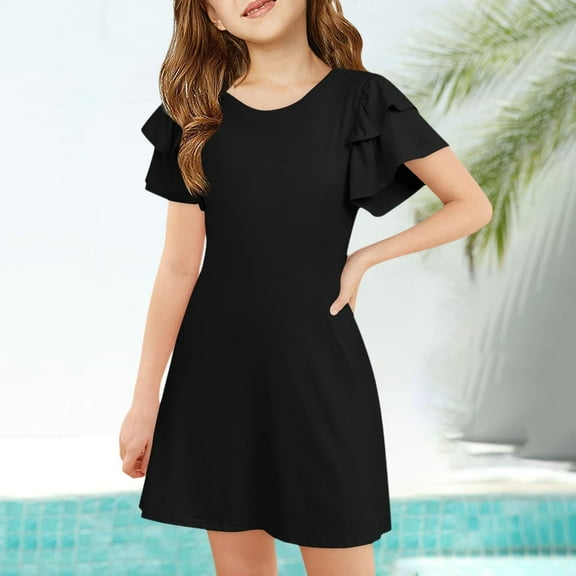 Little Girl Dress Short Sleeve Tiered Swing A-Line Cotton Black Dress Girls Birthday Dress Girls Rainbow Dress