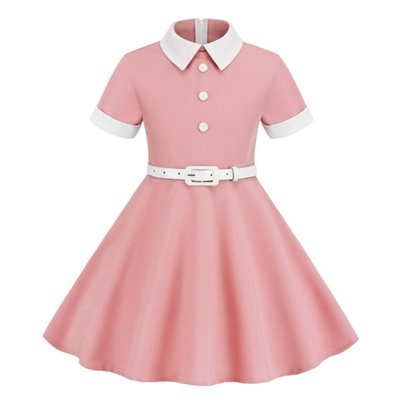 Little Girl Dresses Short Sleeve Belt Splicing Vintage Dress Princess Dress Suitable Kids Dress Pink 3,5,7,9,11 Years-4,6,8,10,12 Years