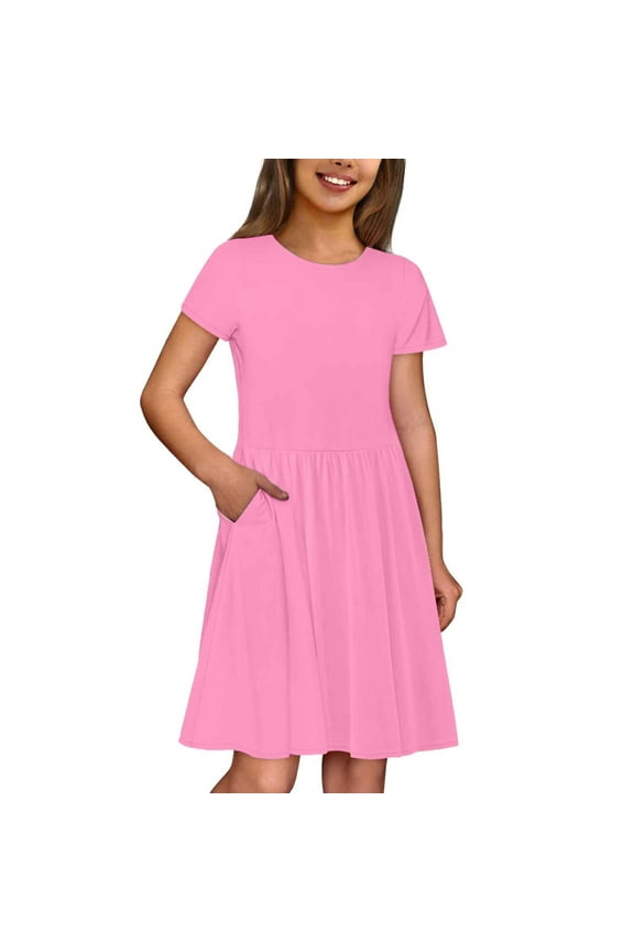 Little Girl Dresses Short Sleeve Tiered Swing A-Line Casual Pink Dress Girls Birthday Dresses For Girls Girls Fancy Dress