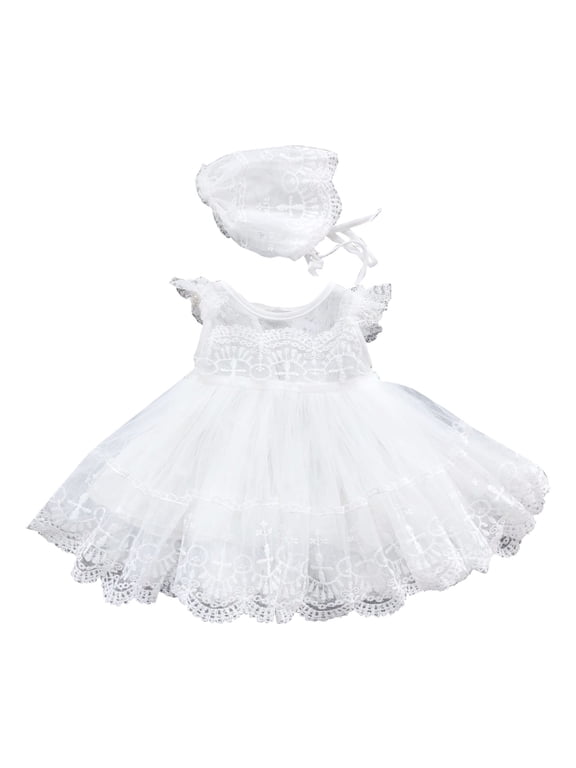 Little Girl Dresses Size 0 Months-3 Months Baptism Dress Lace Crochet Tulle Dress O Neck Ruffled Sleeve Bubble Skirt Tutu Dress