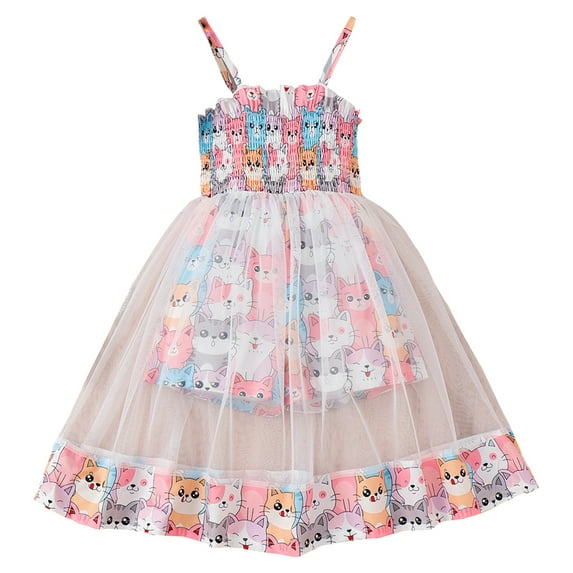 Little Girl Dresses Sleeveless Cartoon Prints Tulle Ruffles Princess Dress Dance Party Dresses Clothes Kids Sundress,Size 6 Years-7 Years