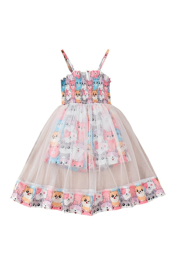Little Girl Dresses Sleeveless Cartoon Prints Tulle Ruffles Princess Dress Dance Party Dresses Clothes Kids Sundress,Size 6 Years-7 Years