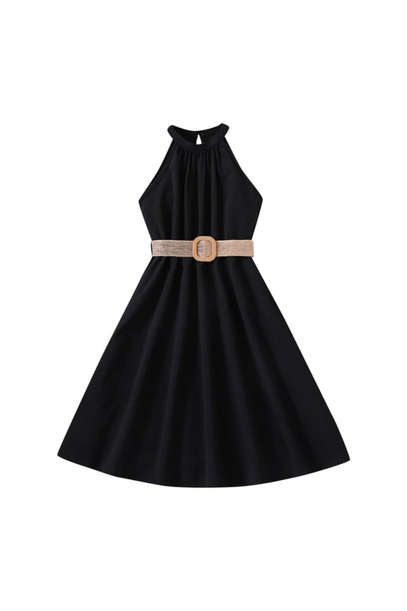 Little Girl Dresses Solid Color Hanging Neck Waist Collection Dress Princess Dress Outwear Summer Dress,Size 7 Years-8 Years