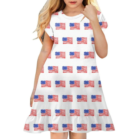 Little Girl Dresses Spring Summer Print Ruffle Short Sleeve Active Fashion Daily Indoor Outdoor American Independence Day Casual Dresses,Size 9 Years-10 Years