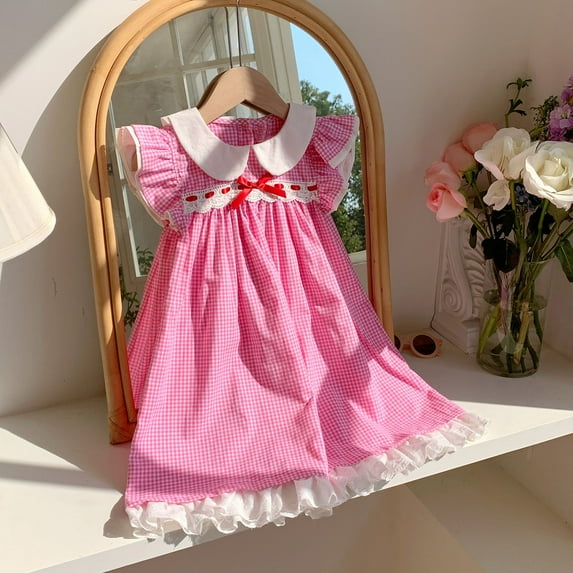 Little Girl Dresses Toddler Children Girls Summer Flutter Sleeve Bow Prints Casual Dresses Fashion Princess Dress Girls Dress Pink 1 Years-2 Years