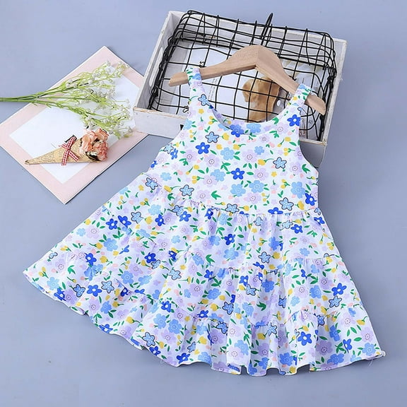 Little Girl Dresses Toddler Girls Summer Sleeveless Floral Princess Dress Lightweight Breathable Strap Dress Toddler Dress Blue 9 Months-12 Months