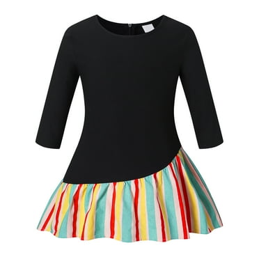 Little Girl Dresses Toddler Kids Rainbow Stripe Prints Long Sleeves Beach Princess Dress 4 Years-5 Years