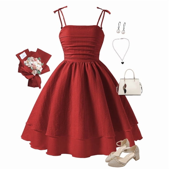 Little Girl Easter Dresses Bowknot Design Dress Ruffle Short Sleeve Summer Princess Dress for Girls Casual Spring Dress (Red,9Years)