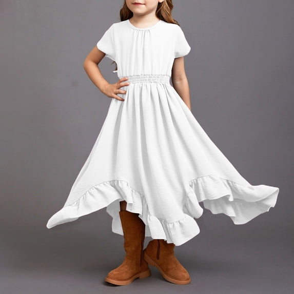 Little Girl Easter Dresses Summer Western Style Dance Dresses for Teens Elastic Waist for Holiday Party (White,5-6 Years)