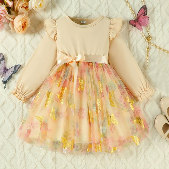 Little Girl Easter Dresses Summer Western Style Girls Summer Dress for Girls Teens Elastic Waist for Holiday Party (Beige,2-3 Years)