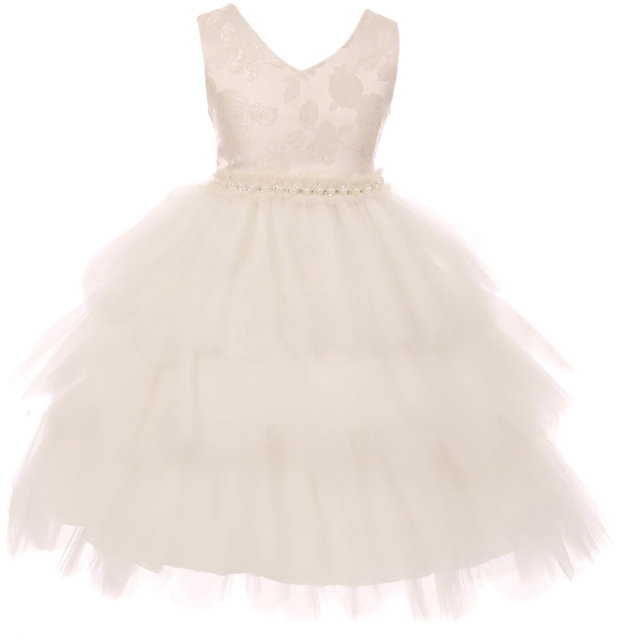 BNY Corner Flower Girl Dress - White Embroidery V-Neck Tea-Length Dress For Big Girls (Size 12)
