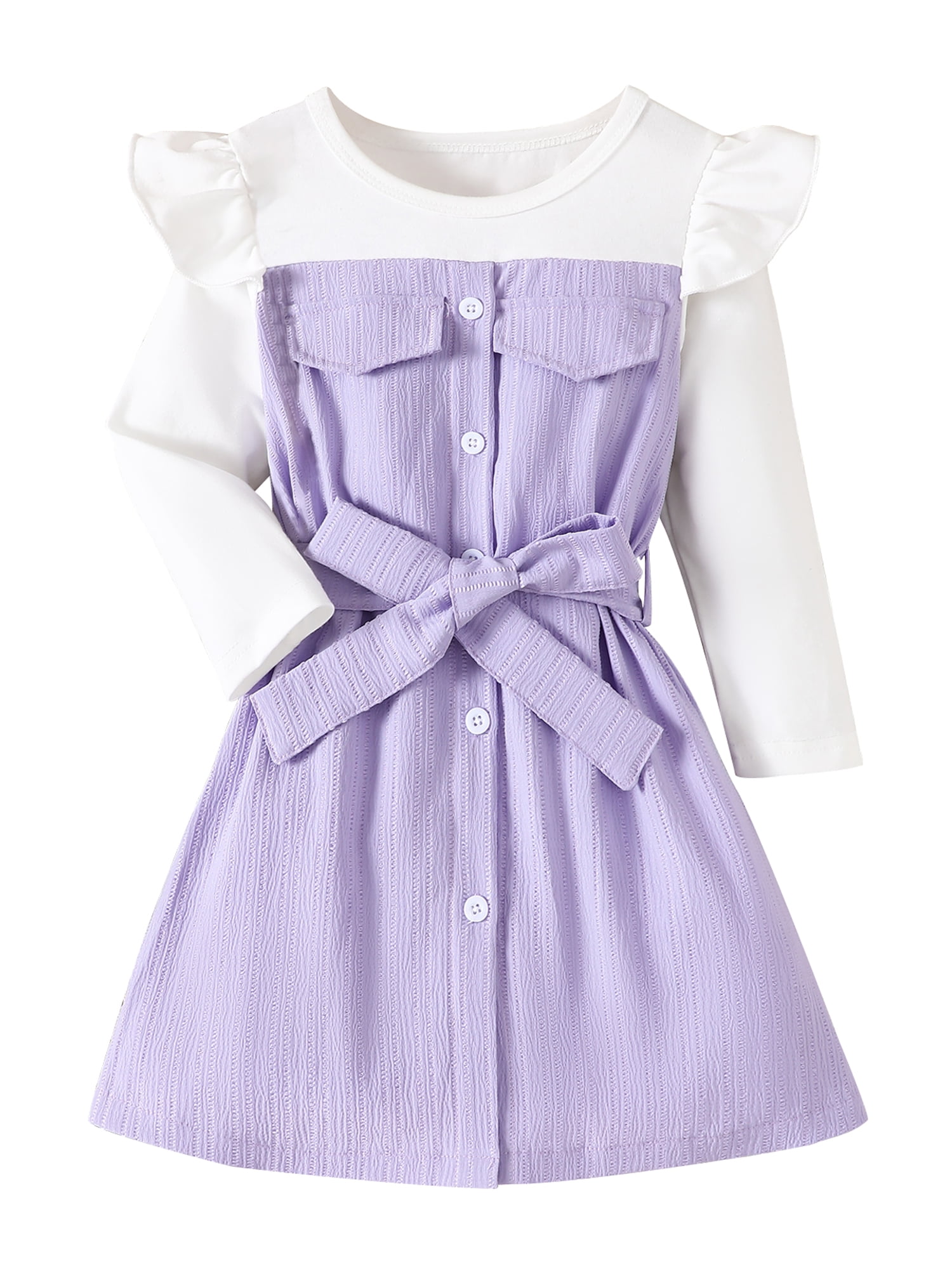 Little Girl Fake Two-Piece Dress Ruffle Long Sleeve Dress with Belt ...