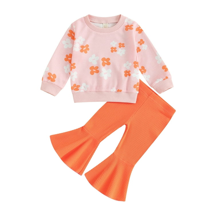 Little Girl Fall Outfits Set Clothes 6M 1T 2T 3T 4T 5T Kids Girl Long Sleeve Floral Sweatshirt Tops and Flare Pants 2Pcs Casual Autumn Clothing