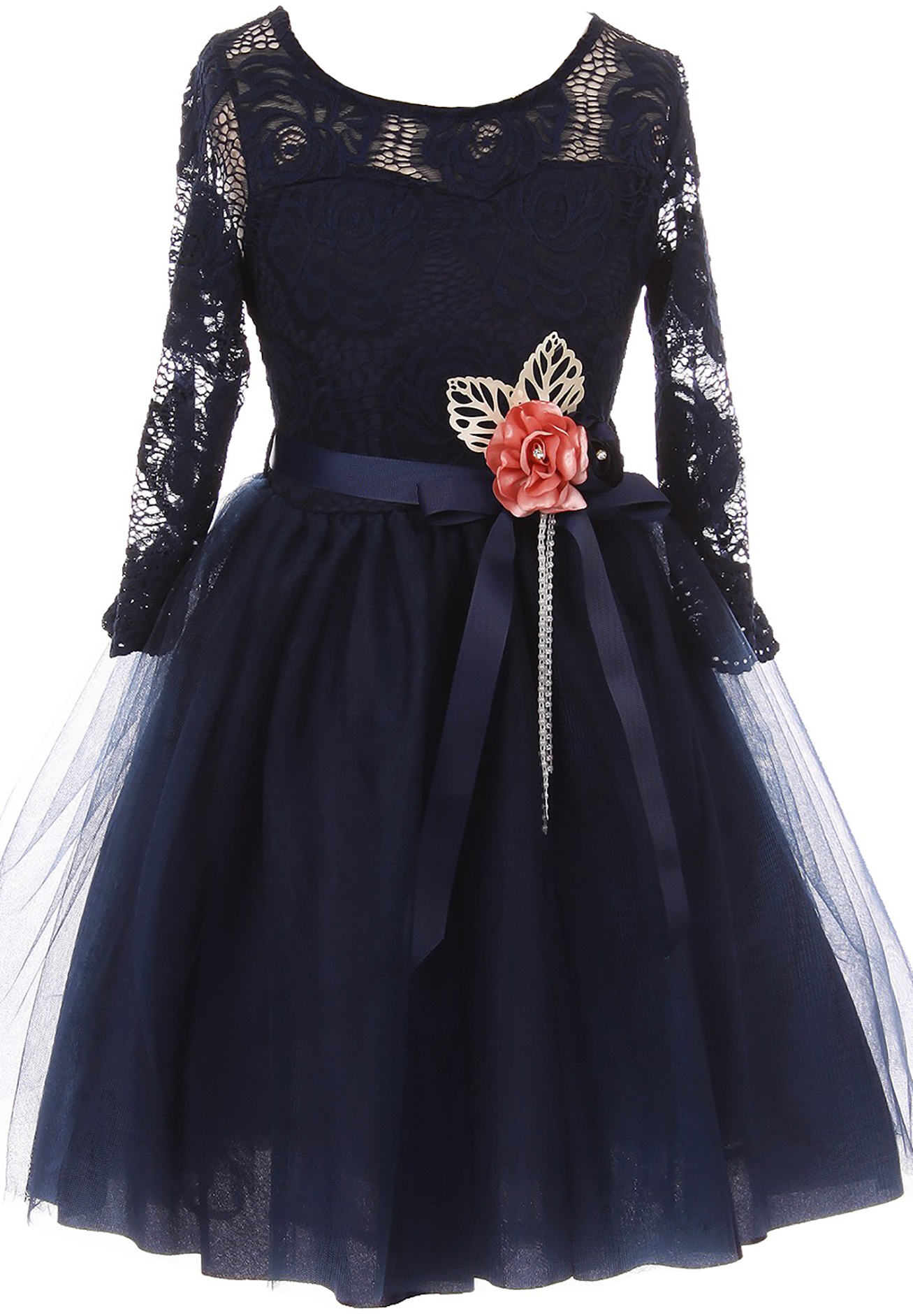 Little Girl Floral Lace Top Tulle Flower Party Flower Girl Dress USA Navy 4 JKS 2098 - image 1 of 3