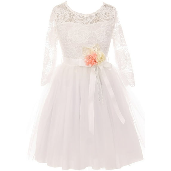 Little Girl Floral Lace Top Tulle Flower Party Flower Girl Dress USA Off White 4 JKS 2098
