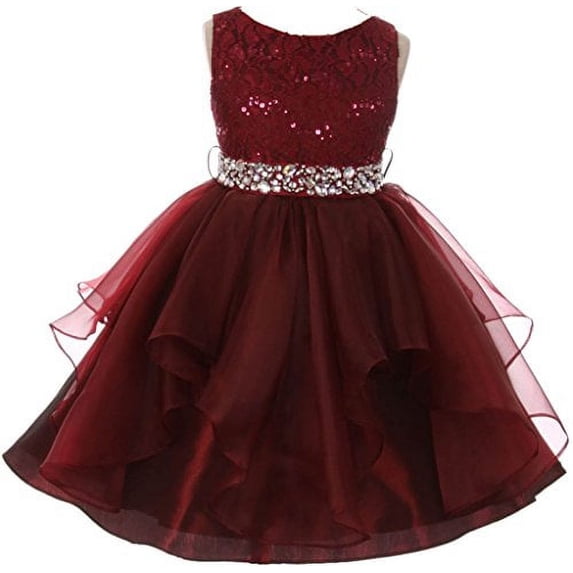Little Girl Flower Girl Dress Sequin Lace Top Rhinestone Belt & Ruffle Skirt Burgundy 4 MBK357
