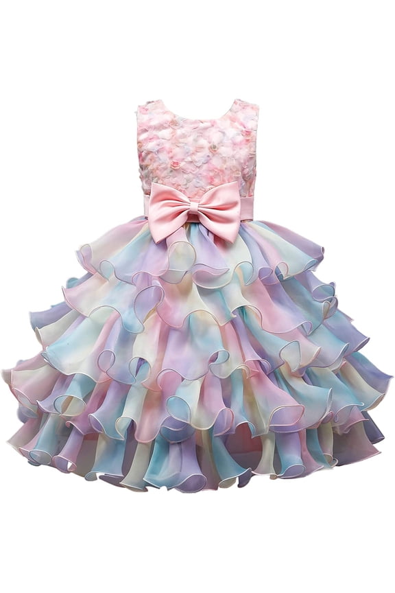 Little Girl Flower Rainbow Princess Tutu Dress Ruffle Tulle Wedding Birthday Pageant Party Formal Ball Gown