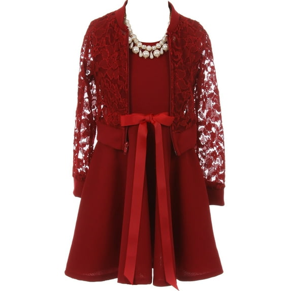 Little Girl Girls Set Floral Lace Jacket Round Neck Bow Holiday Flower Girl Dress Burgundy 4 JKS 2096