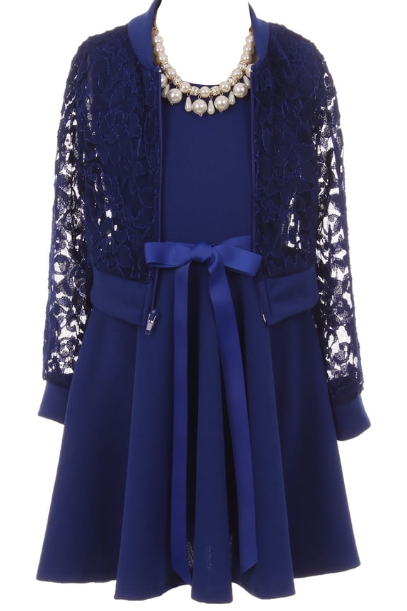 Little Girl Girls Set Floral Lace Jacket Round Neck Bow Holiday Flower Girl Dress Royal 4 JKS 2096