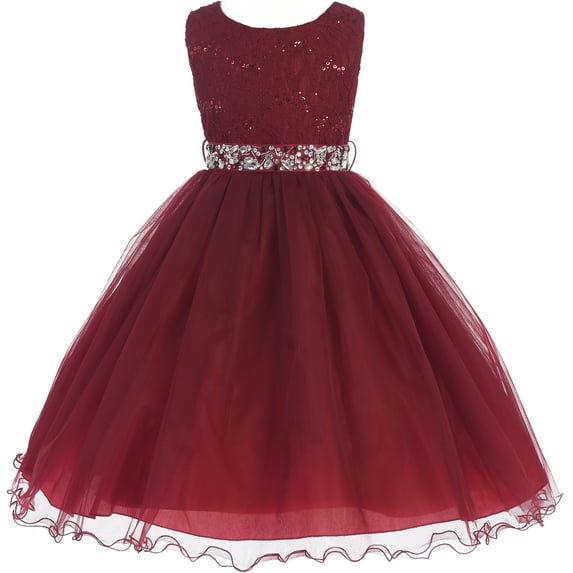 Little Girl Glitters Sequined Bodice Double Layer Tulle Rhinestones Sash Flower Girl Dress Burgundy 2 JK3670 BNY Corner