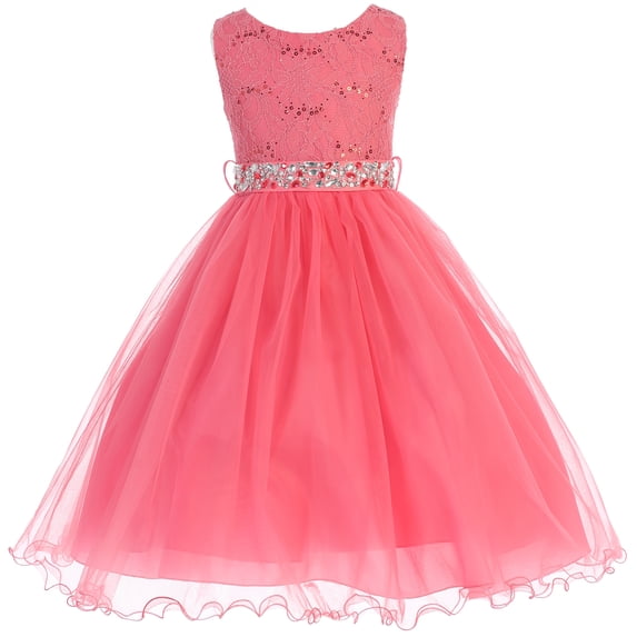 Little Girl Glitters Sequined Bodice Double Layer Tulle Rhinestones Sash Flower Girl Dress Coral 2 JK3670 BNY Corner