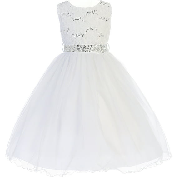 Little Girl Glitters Sequined Bodice Double Layer Tulle Rhinestones Sash Flower Girl Dress White 2 JK3670 BNY Corner