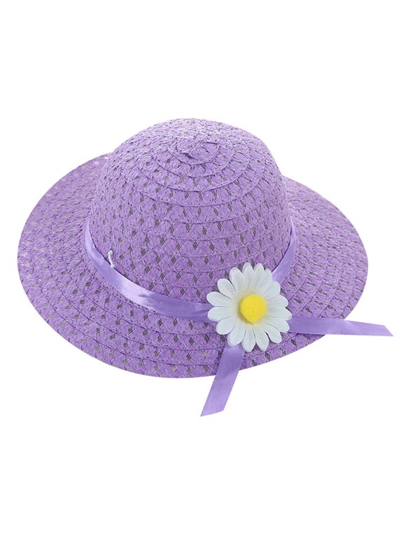 Little Girl Hat Baby Kids Girl Summer Floral Flower Straw Visor Sun Hat Beach Hats for Kids Activities Outdoor Sun Flower Floral Straw Hat Easter Gifts(One Size,Purple)