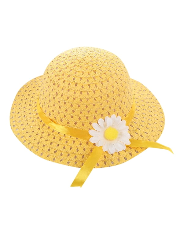Little Girl Hat Baby Kids Girl Summer Floral Flower Straw Visor Sun Hat Beach Hats for Kids Activities Outdoor Sun Flower Floral Straw Hat Easter Gifts(One Size,Yellow)