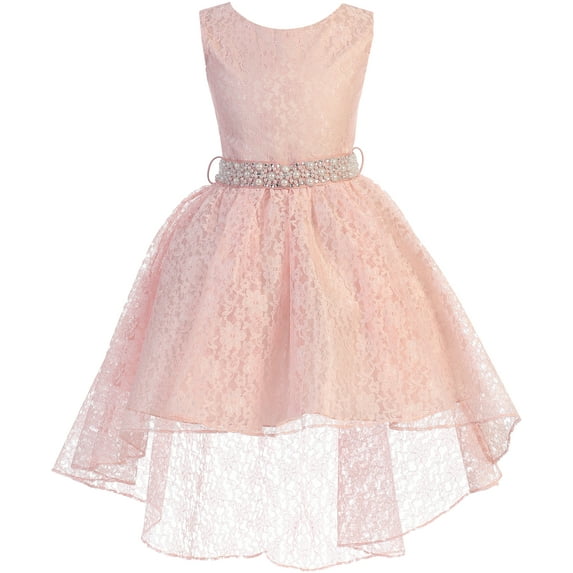 Little Girl High Low Floral Lace Rhinestones Pearl Belt Easter Pageant Flower Girl Dress Blush 2 JK3744 BNY Corner