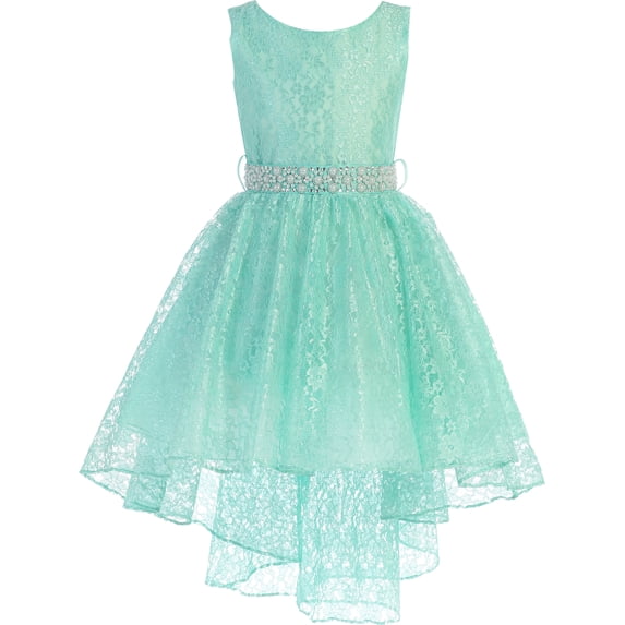 Little Girl High Low Floral Lace Rhinestones Pearl Belt Easter Pageant Flower Girl Dress Mint 2 JK3744 BNY Corner