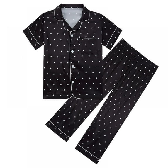 Little Girl Imitate Silk Pajamas Set,Short Sleeve Tops+Pants Sleepwear Suit,5-14Y