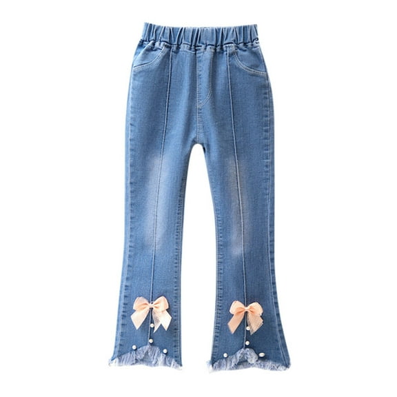 Little Girl Jeans Embroidered Bell Bottoms with Pockets High Waisted Wide Leg Jeans Clothes for Teen Girls 6-7 Y