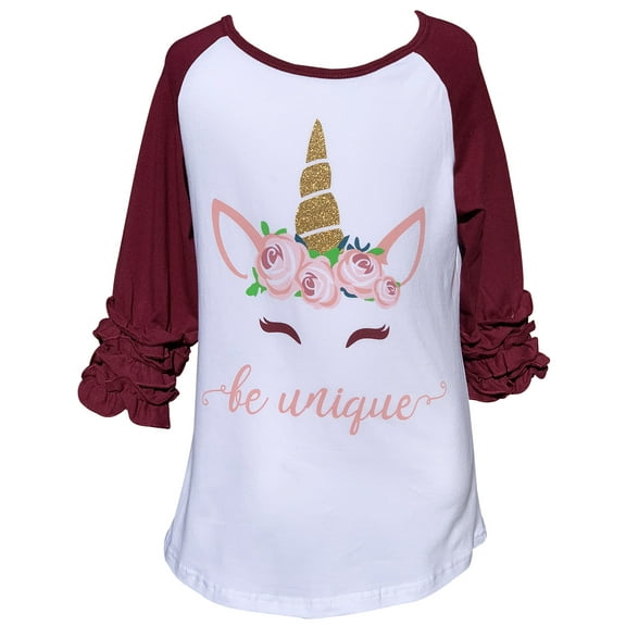 Little Girl Kids Be Unique Unicorn Floral Flower Shirt Top Tee T-Shirt Red Burgundy 4 M (503004)
