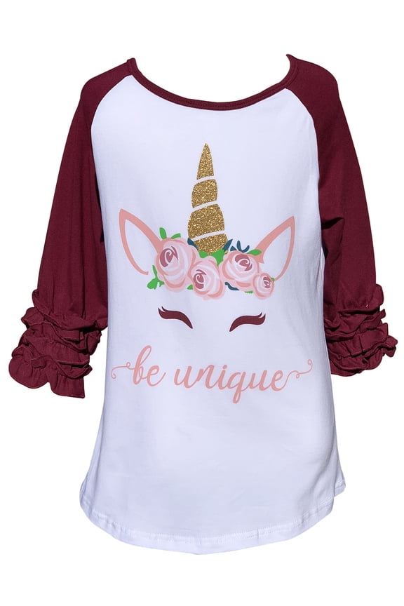 Little Girl Kids Be Unique Unicorn Floral Flower Shirt Top Tee T-Shirt Red Burgundy 5 L (503004)