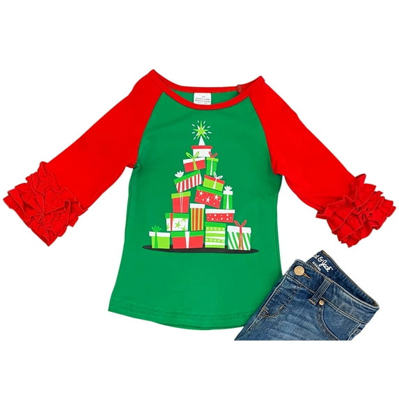 Little Girl Kids Christmas Tree Present Box Holiday Shirt Top Tee T-Shirt Red Green 2T XS (318529)