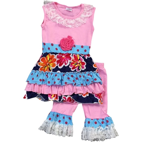 Little Girl Kids Floral Lace Holiday Tunic Dress Ruffle Capri Set Pink 5 L 700169 BNY Corner