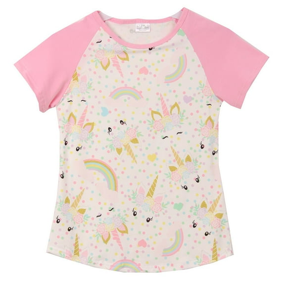 Little Girl Kids Kids Unicorn Polka Dot Rainbow Raglan Shirt Top Tee T-Shirt Pink 2T XS (201345)