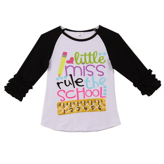 Little Girl Kids Little Miss Rule School Raglan Ruffle Shirt Top Tee T-Shirt White Black 3T S (200904)
