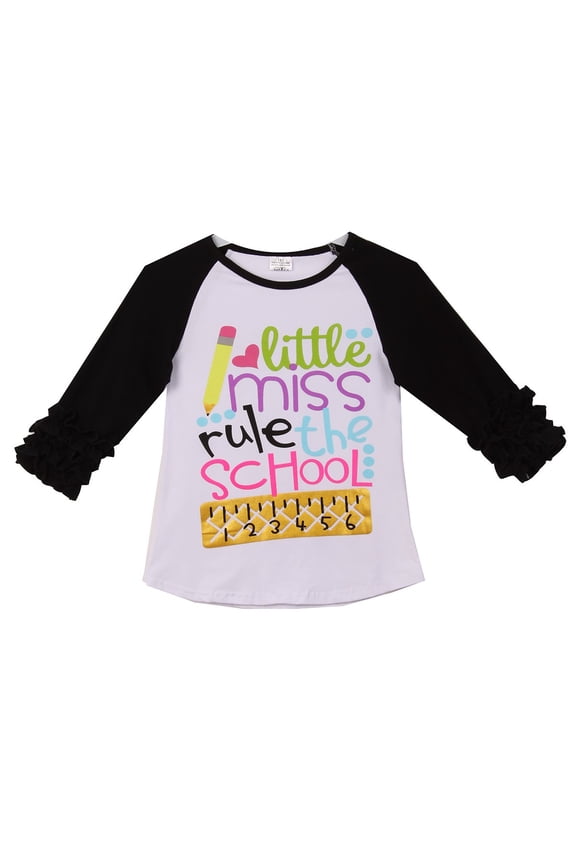 Little Girl Kids Little Miss Rule School Raglan Ruffle Shirt Top Tee T-Shirt White Black 3T S (200904)