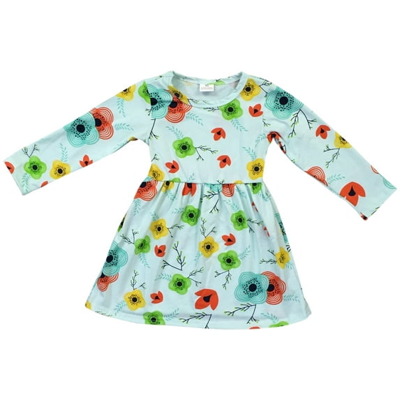 Little Girl Kids Long Sleeve Crew Neck Flowers Print Simple Flower Girl Dress Green 5 L DR107A BNY Corner