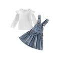 thumbnail image 1 of Little Girl Kids Long Sleeve Ribbed Top + Denim Suspender Dress 2 Piece Outfits Set for Spring Fall Winter, 1 of 9