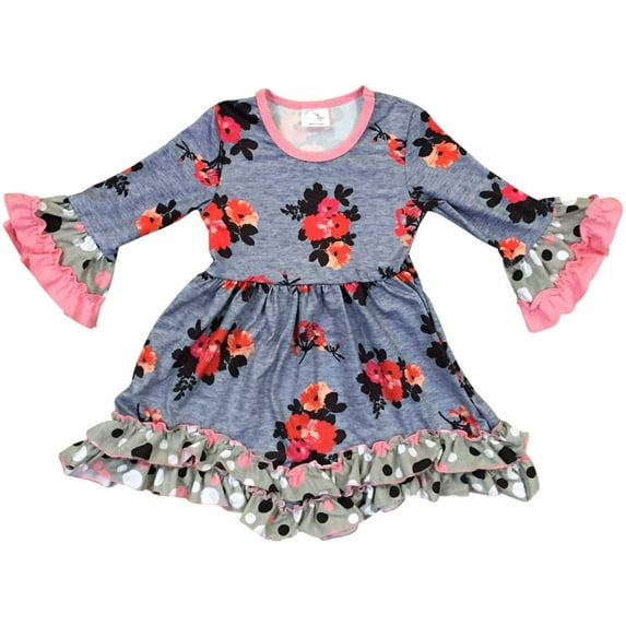 Little Girl Kids Long Sleeve Ruffles Edges Flower Print Contrast Flower Girl Dress Gray 6 XL 501169 BNY Corner