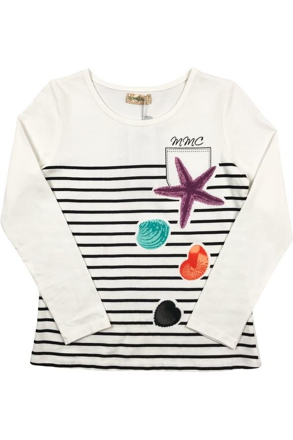 Little Girl Kids Long Sleeve Stripe Casual Cotton T-Shirt Tee Top Off White 5 110 (41BT07) BNY Corner