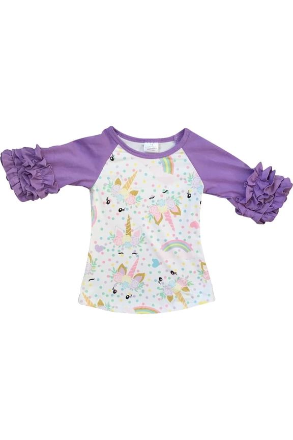 Little Girl Kids Ruffle Sleeve Unicorn Rainbow Raglan T Shirt Lilac 2T XS 201288 BNY Corner