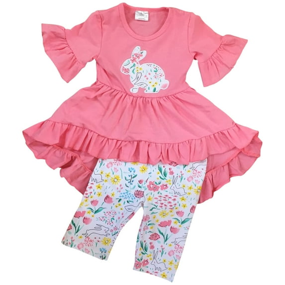 Little Girl Kids Short Sleeve Ruffles Rabbit Bunny Floral Short Capris Set Pink 2T XS 201207 BNY Corner
