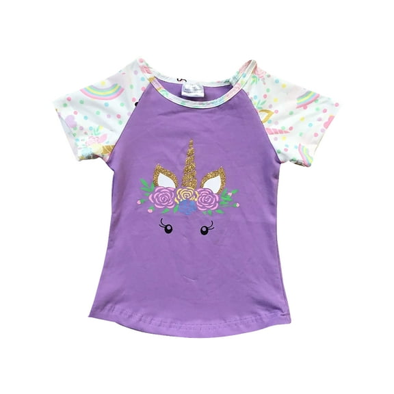 Little Girl Kids Short Sleeve Unicorn Floral Cotton Shirt Top Tee T-Shirt Lilac 2T XS (201343)