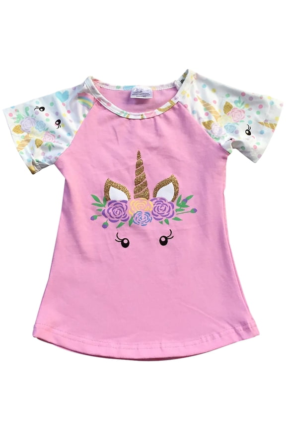 Little Girl Kids Short Sleeve Unicorn Floral Cotton Shirt Top Tee T-Shirt Pink 4 M (201342)